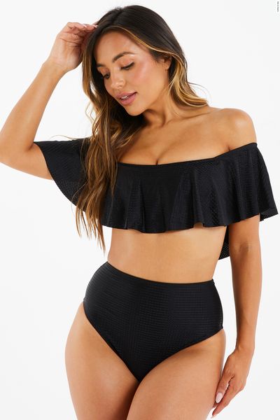 Black Textured Frill Bikini Top
